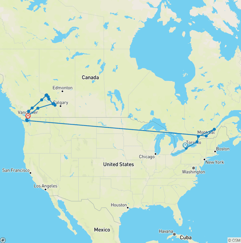Map of Canada's East and West Toronto → Vancouver (2027)