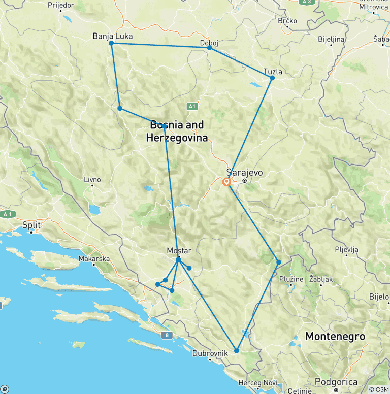 Map of Year-round 15 days Bosnia exploring non-touristy cultural tour from Sarajevo. Medieval land of Bosnia: historic sights, amazing nature, delicious cuisine.