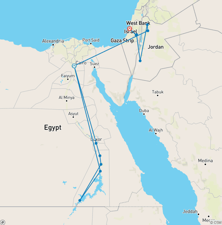 Map of 2 Weeks Customized Private Egypt Jordan Israel Tours