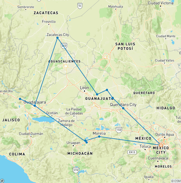 Map of Colonial treasures of Mexico - 10 days