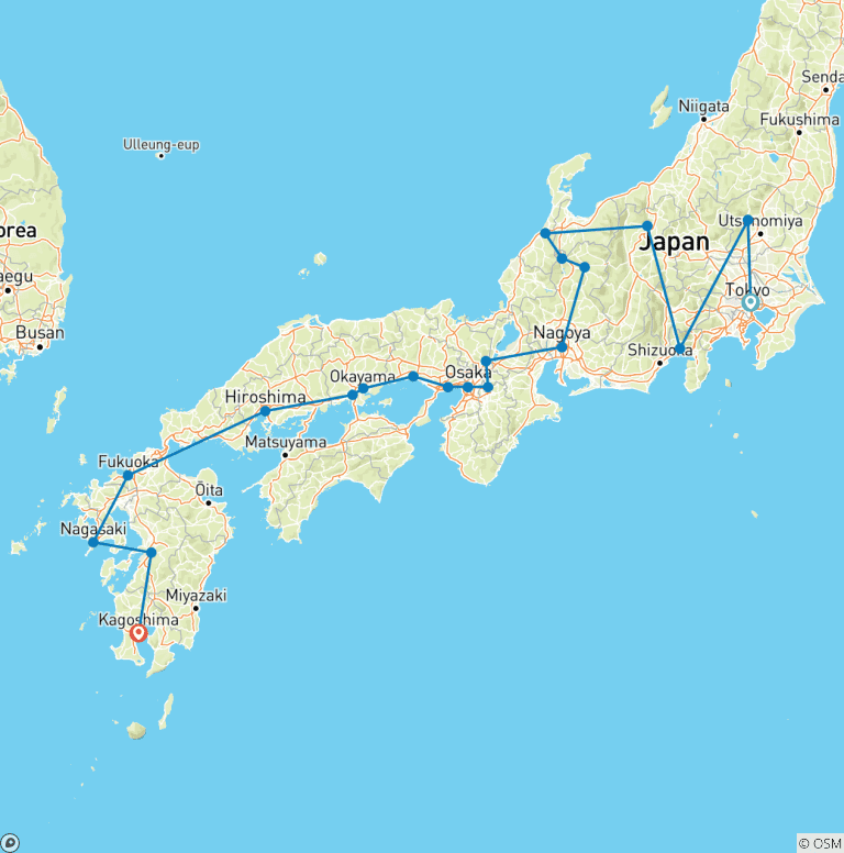 Map of 3 Weeks Personalized Japan Family Vacation, Daily Start & Private Guide