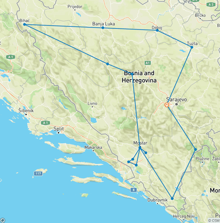 Map of Incredible Bosnia: UNESCO sites and other beautiful destinations together with off the beaten path historical places on a 17-days tour from Sarajevo