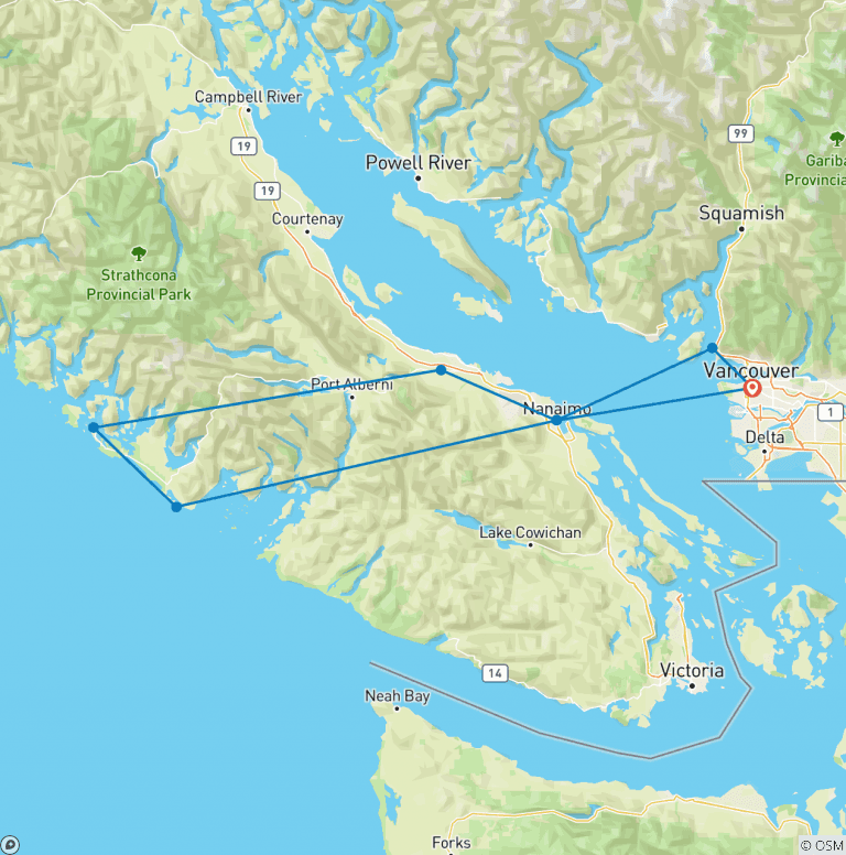Map of Vancouver to Nanaimo, Ucluelet, Tofino 3 Days Harbour City Tour Private