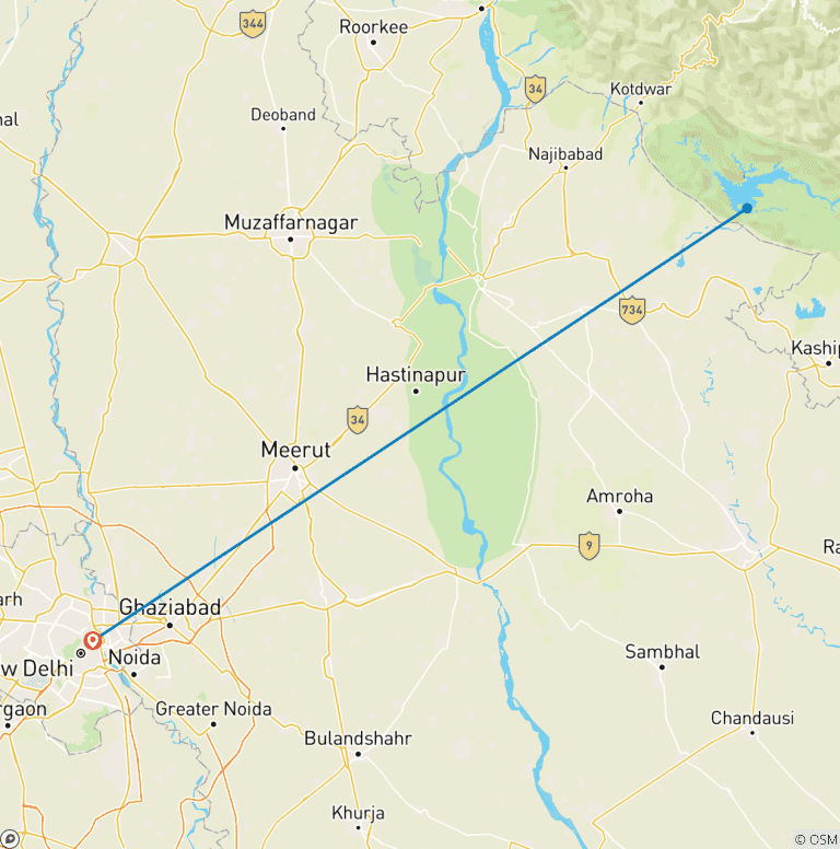 Map of Delhi to Corbett Tiger Reserve