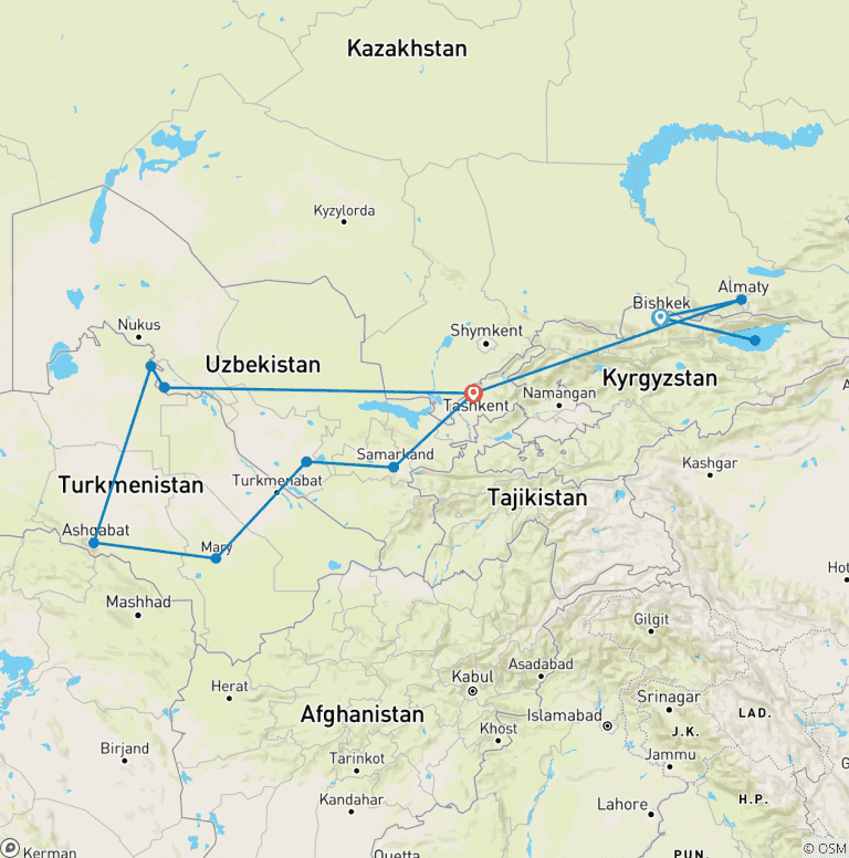 Map of Central Asia 16 days Start in Bishkek