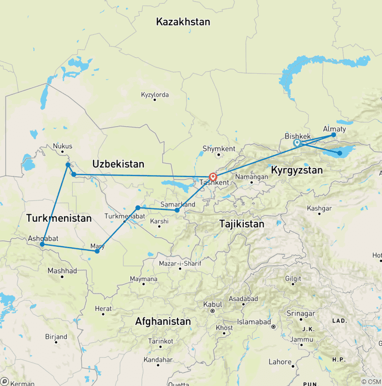 Map of Central Asia 16 days Start in Bishkek