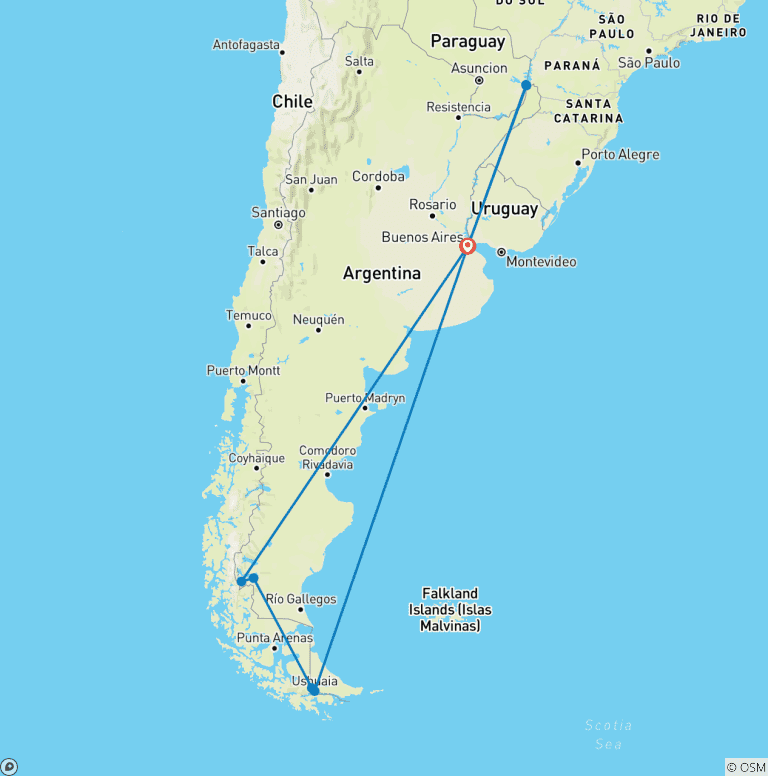 Map of Customized Patagonia Adventure with Iguazu Falls, Daily Stars