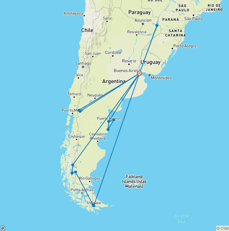Map of Tailor-Made 19-Day Patagonia Wildlife Tour, Daily Start & Private Guide