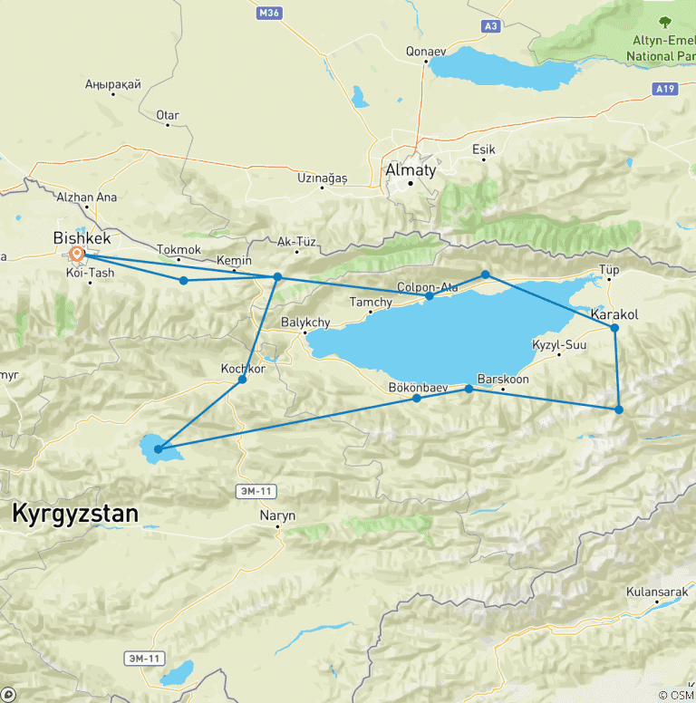 Map of Tailor-Made 10 Days Best Kyrgyzstan Tour, Private Car & Daily Depart