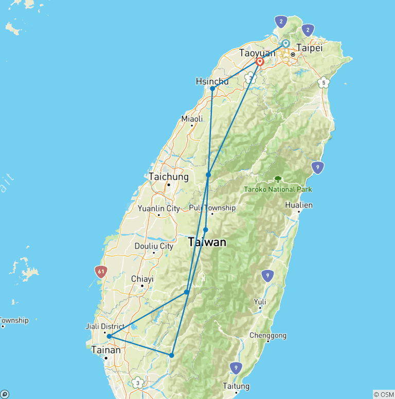 Map of Customized 10 Days Private Taiwan Tour, Daily Depart & Exclusive Guide