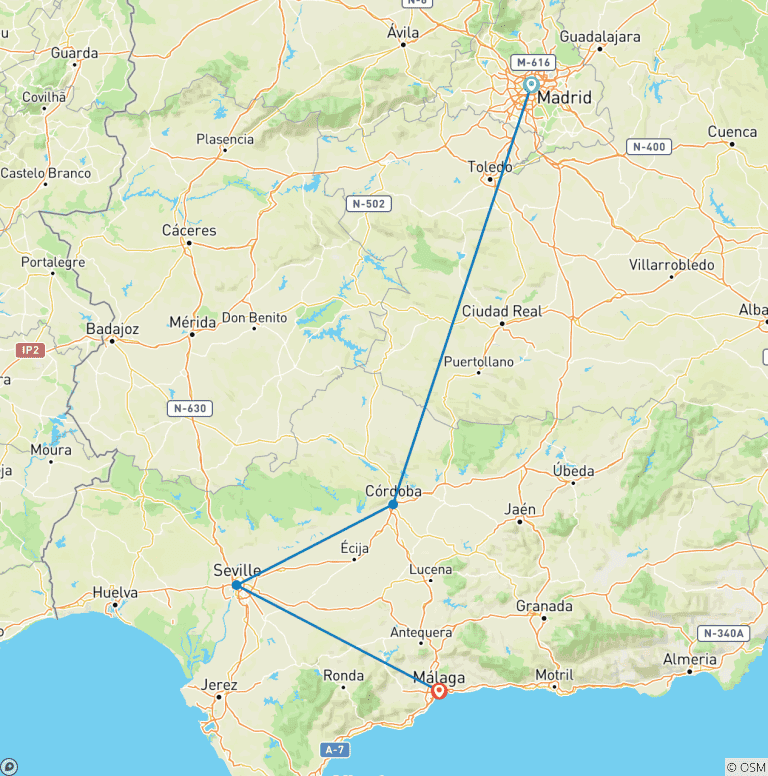 Map of Cordoba, Seville & Costa del Sol