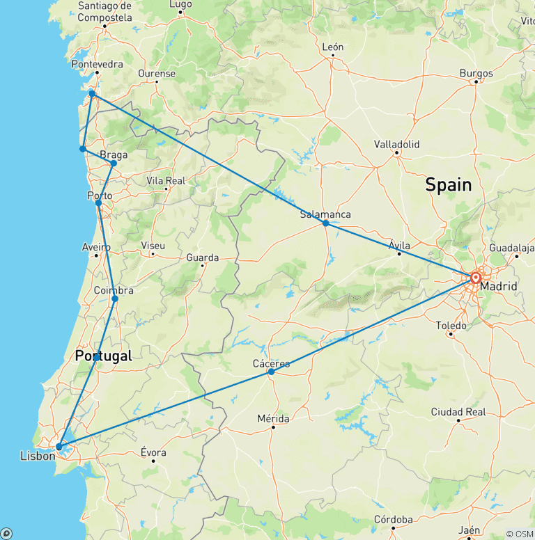 Map of Castilla, Galicia  & Portugal, 7 days