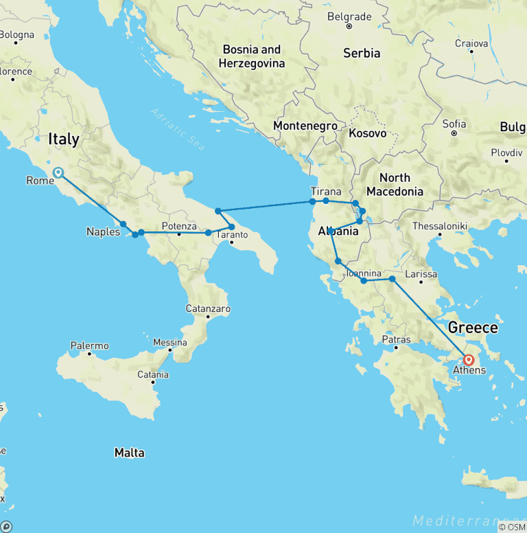 Map of Rome to Athens / Corfu; Semi – Private Tour with Dedicated Tour Leader & Car