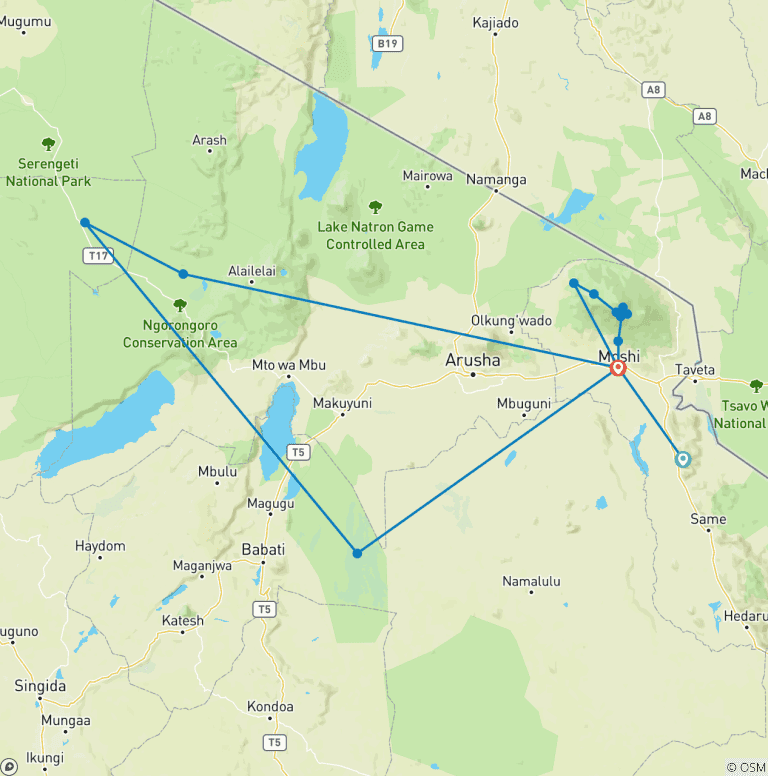 Map of THE PERFECT COMBO – KILIMANJARO CLIMBING AND UNIQUE SAFARI EXPERIENCE: - 14 Days