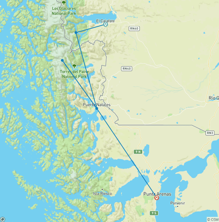 Map of Mountains and Glaciers: Perito Moreno and Torres del Paine