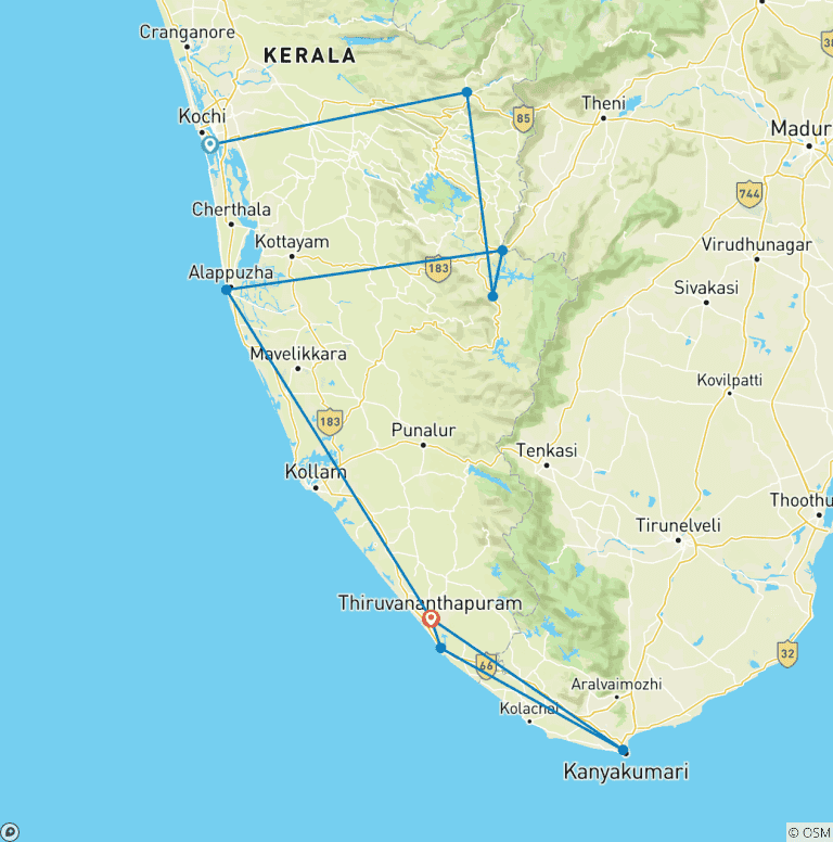 Map of 7 Days Tour to Kerala