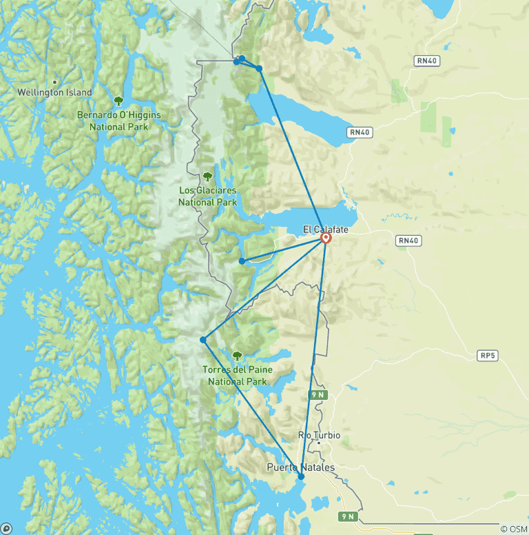 Map of Hiking Fitz Roy & Torres del Paine National Park - GROUP TOUR
