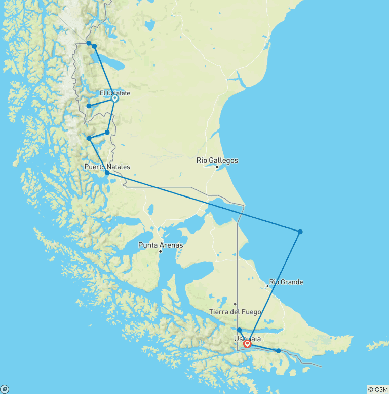 Map of Full Patagonia Adventure Trip - GROUP TOUR
