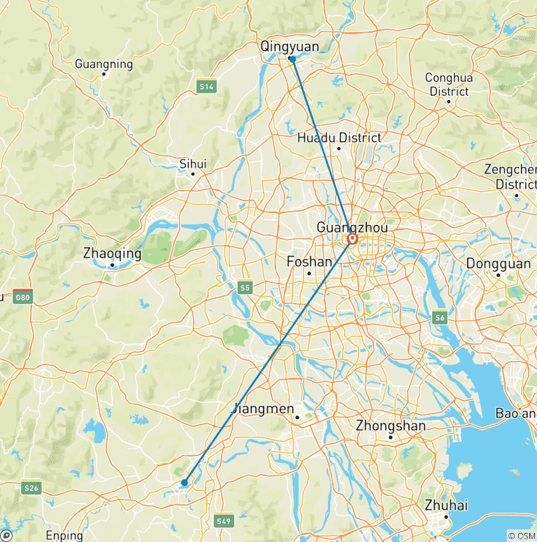 Map of Guangdong Classic Tour: Guangzhou, Kaiping, Gulong Canyon, Yingxi Corridor, Mt Danxia 6 Days