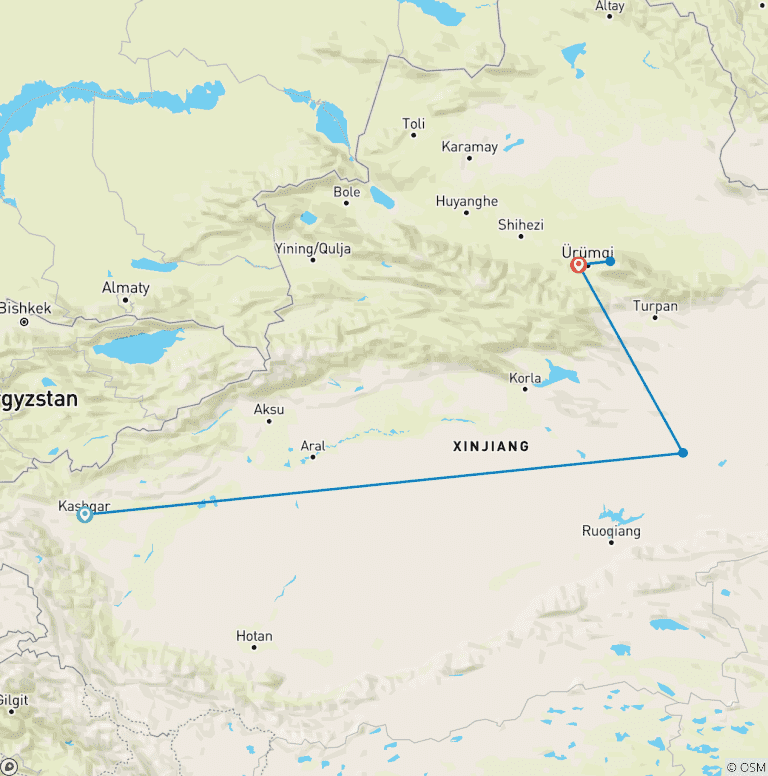 Map of Budget Xinjiang Tour: Kashgar, Turpan, Urumqi and Tianchi 7 Days