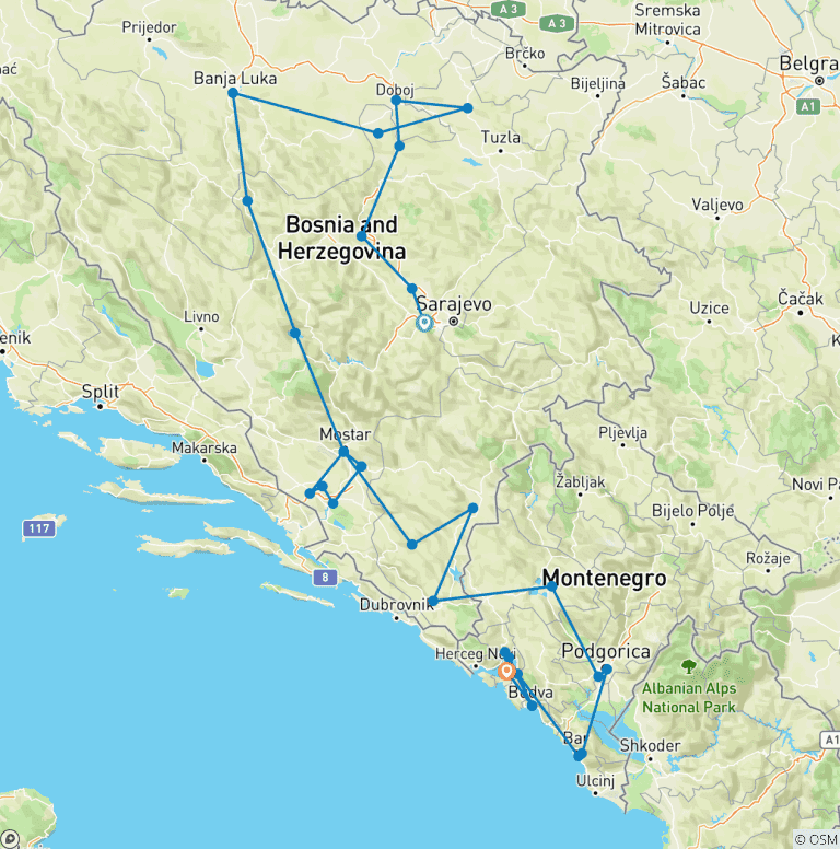 Map of Explore Bosnia+Montenegro, all seasons 20 days tour from Sarajevo. UNESCO sites, fortresses, medieval towns. Two Balkan countries. UNESCO sites. Nature. Architecture. Culture. History. Cuisine. Wine. Slow travel