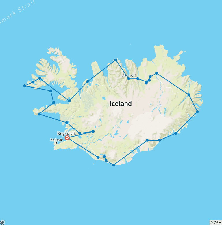 Map of 12 Days Grand Tour of Iceland