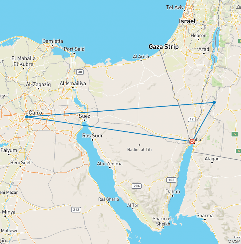 Map of Petra and Cairo from Eilat 3 days