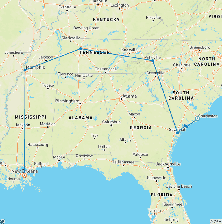 Map of Best of the South: Charleston to New Orleans