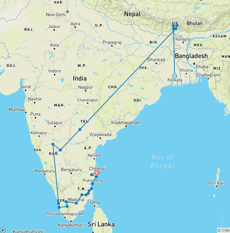 Map of Must-See Places in Eastern Himalaya & South India