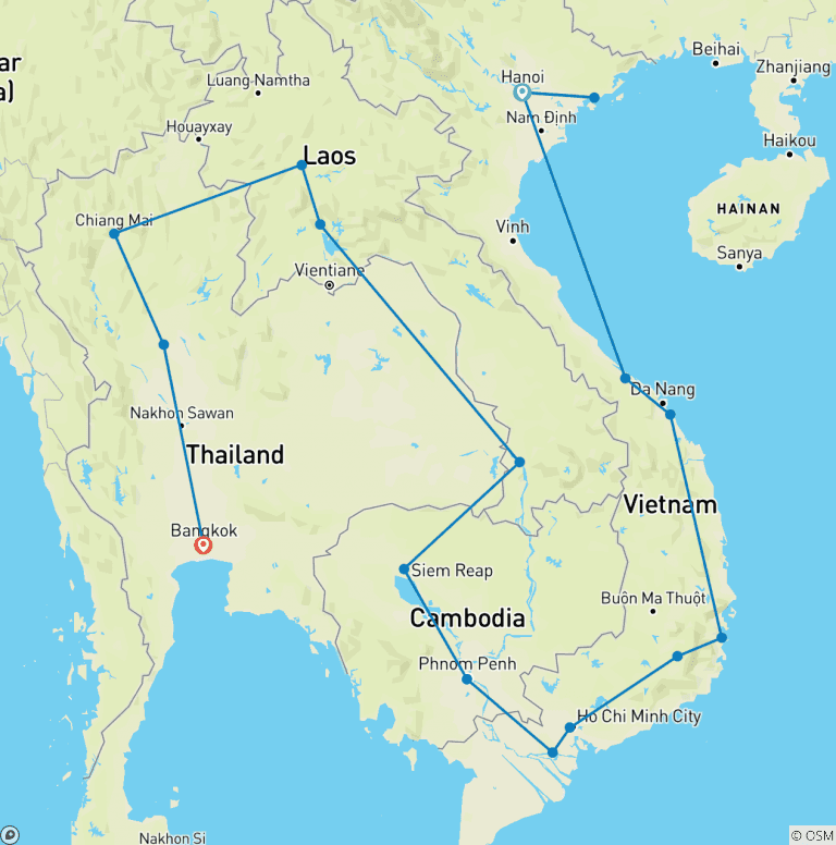 Map of Hanoi to Bangkok (via Cambodia & Laos) Travel Pass