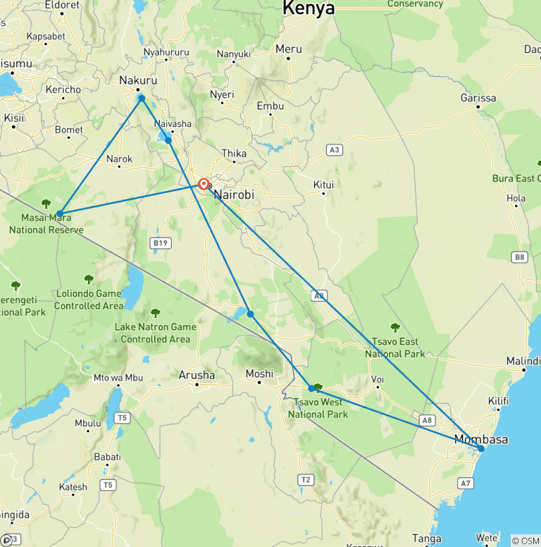 Map of 14-Day Kenya  Big Five  Wildlife & Beach Safari