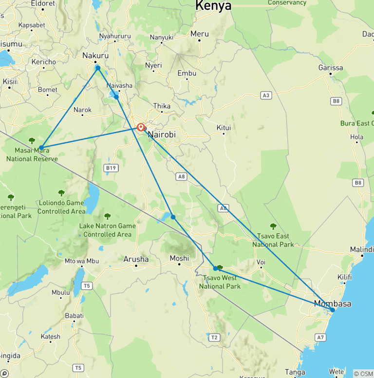 Map of 14-Day Kenya Big Five Wildlife Safari & Beach Holiday