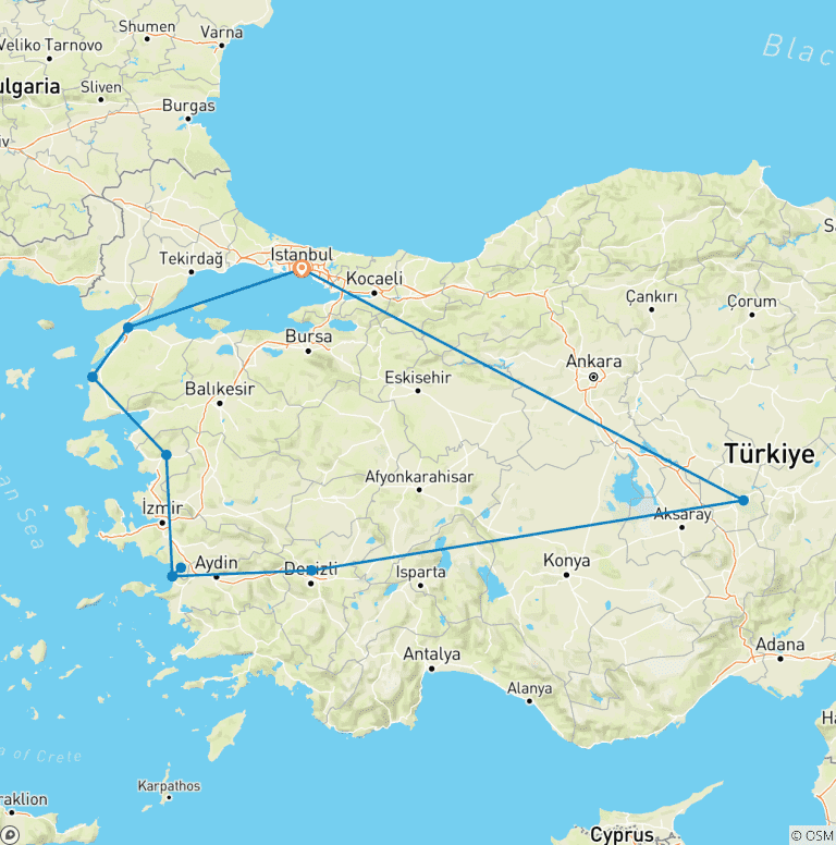 Map of 7 Days Gallipoli & Turkey Classics Tour