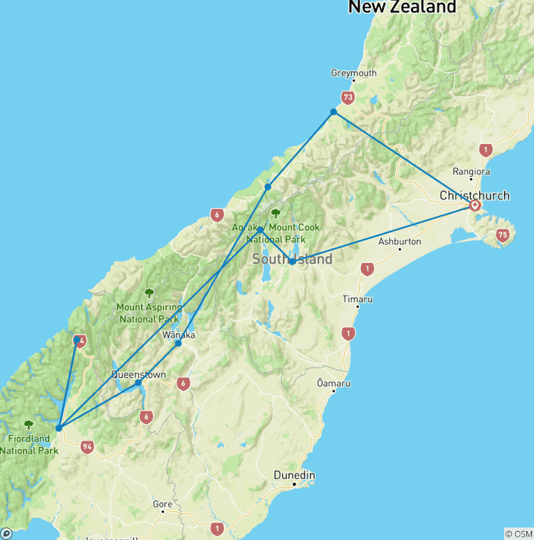 Map of 9-Day Kaka Select: The South Island Rail & Alpine Expedition (Christchurch Start)