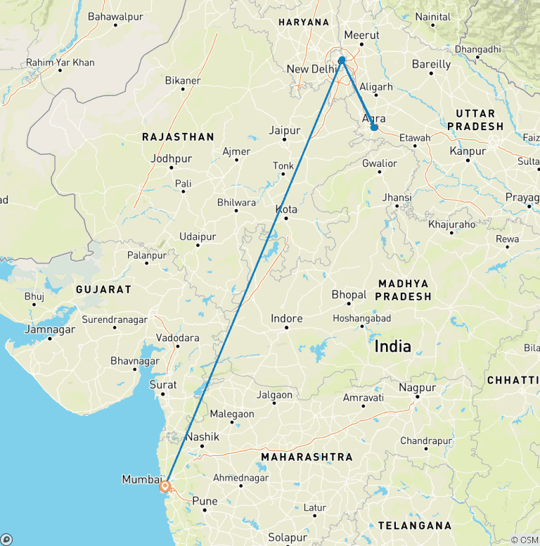 Map of 3 Days Guided Tour Delhi With Taj Mahal By Flight From Mumbai