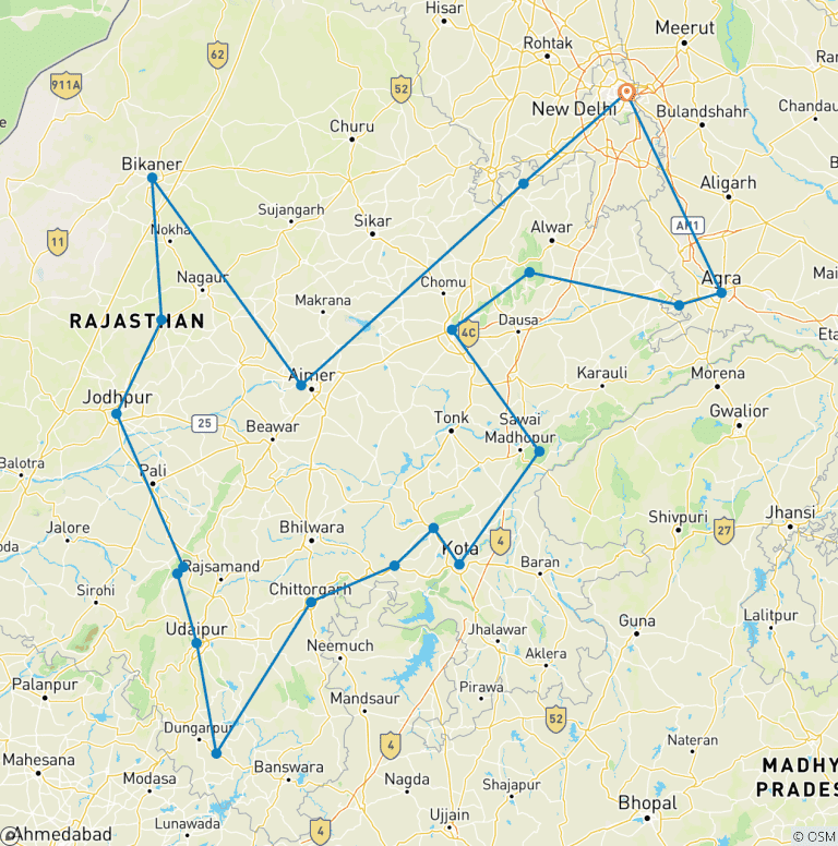 Map of Cultural North India Tour