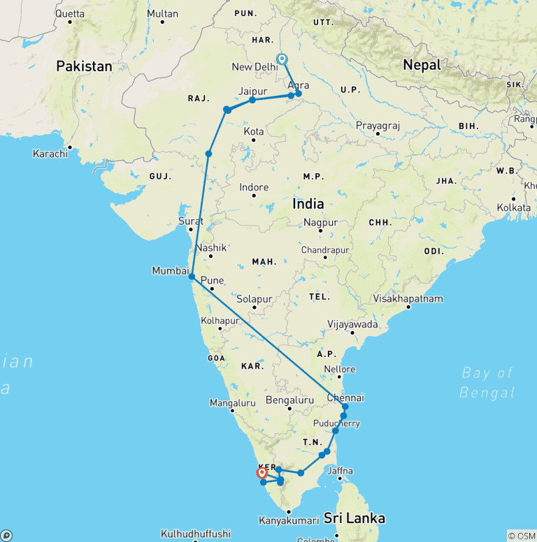 Map of Jewels of India Tour