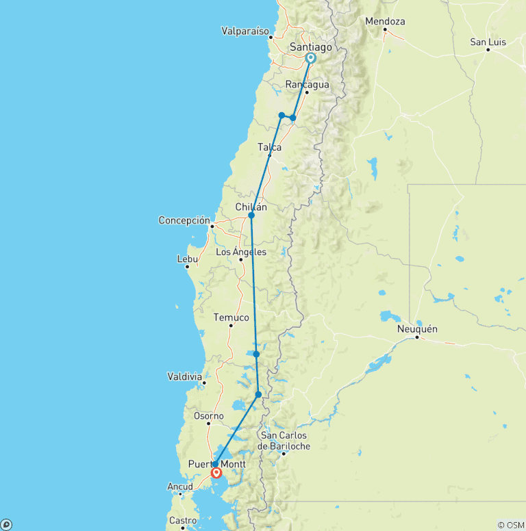 Map of Chile and the Lake District - 14 days