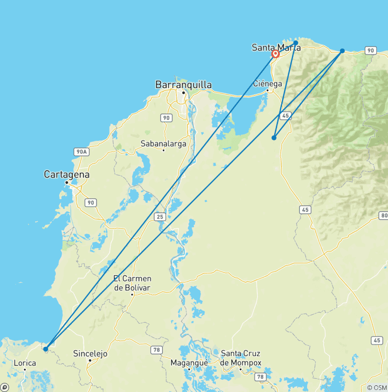Map of Lost City of Colombia - 8 days