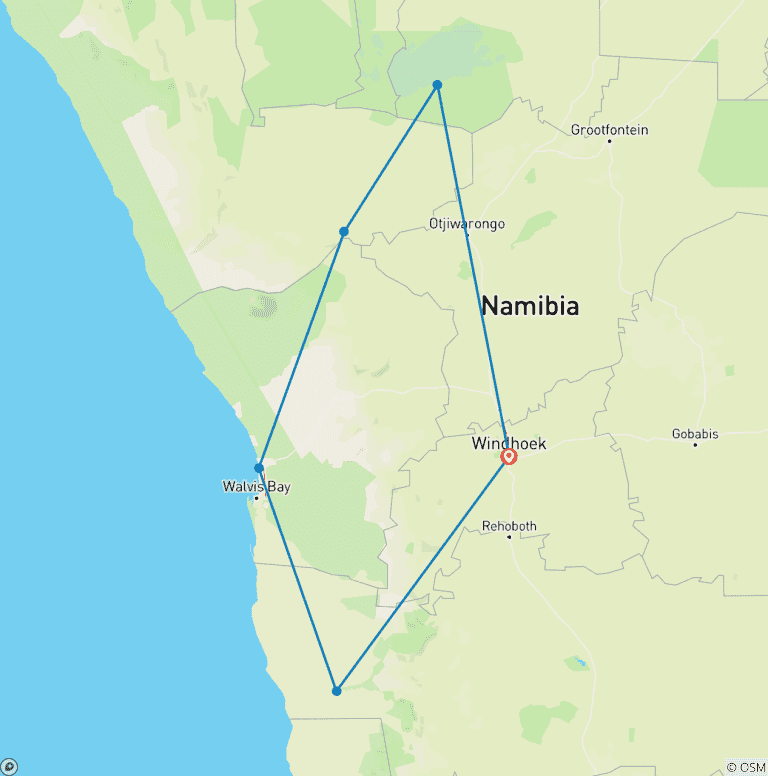 Map of 10-Day Kalahari Desert, Sossusvlei, Swakopmund & Etosha National Park Tour