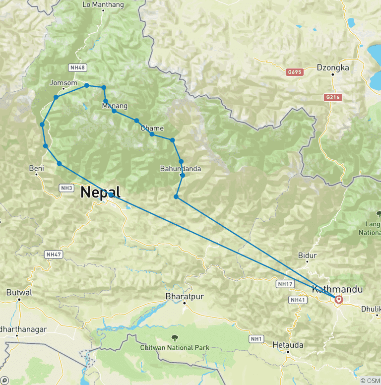Map of Annapurna Circuit Trek 21 Days