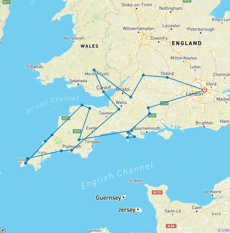 Map of Country Roads of Wales, Devon & Cornwall (Small Groups, 13 Days) (26 destinations)