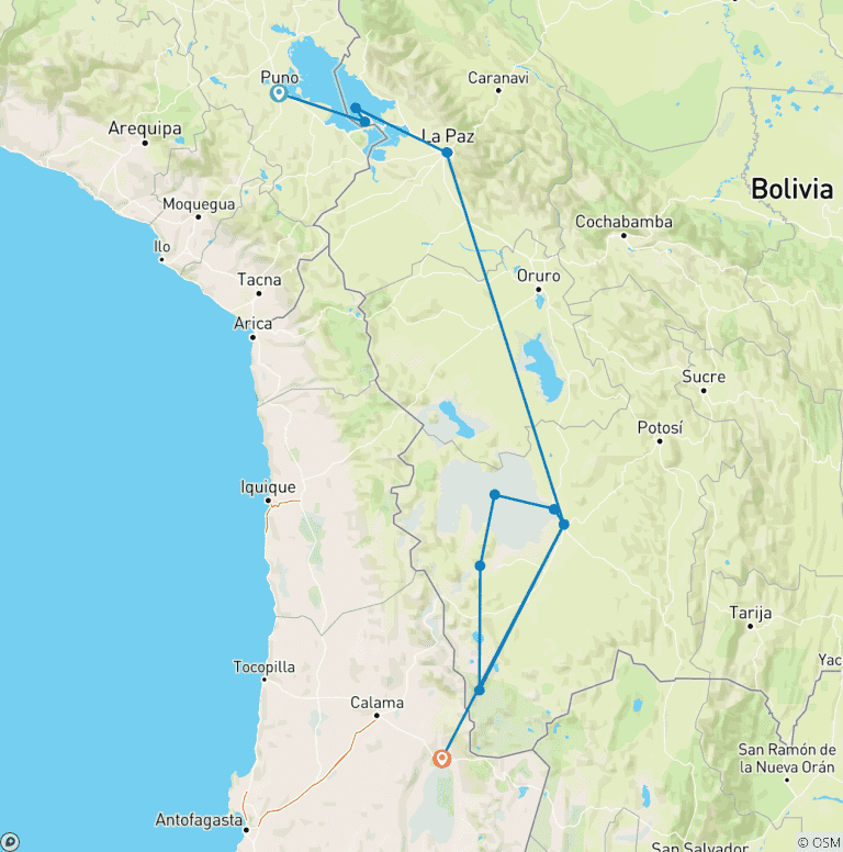 Map of Best of Bolivia on a Budget: 5-Day Tour from Puno – Copacabana, Sun Island, La Paz & Uyuni Salt Flats