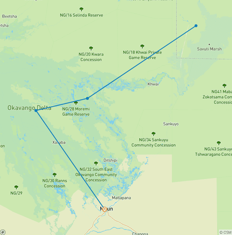 Map of 7-Day Okavango Delta, Moremi, and Savuti