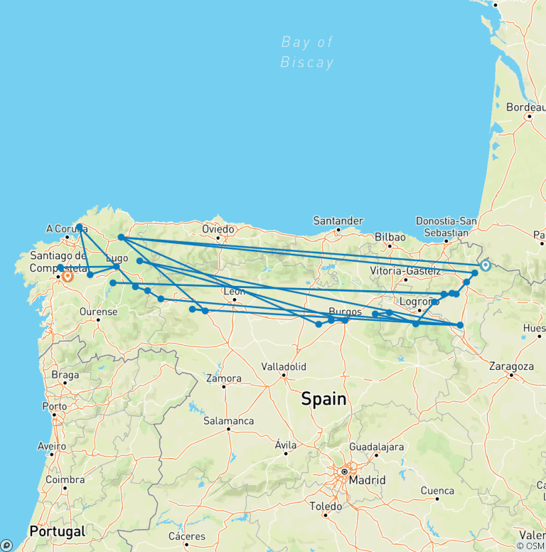 Map of French Way of Saint James from Roncesvalles to Santiago (40 days)