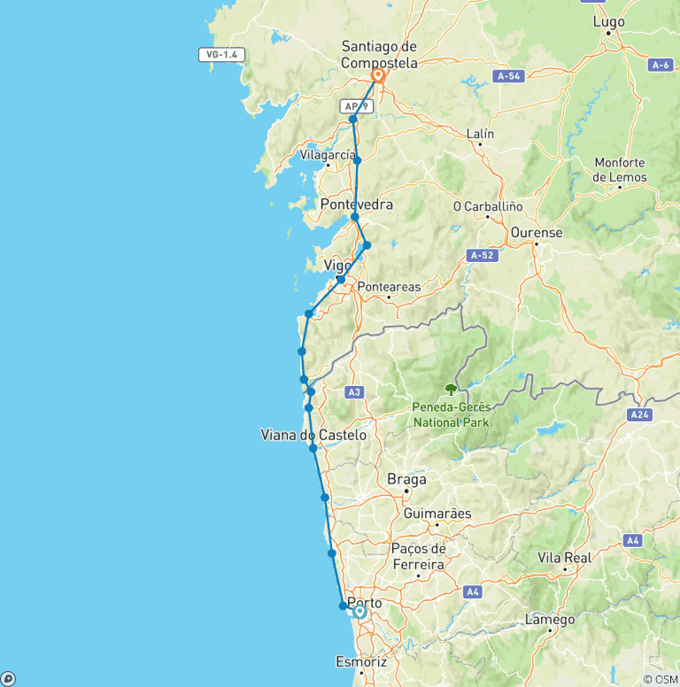 Map of Portugal Coastal Way to Santiago