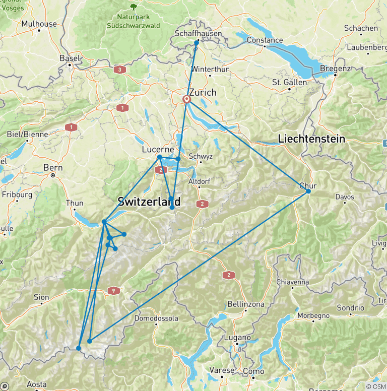 Map of 8 Days Switzerland Tour (Zermatt, Interlaken, Lucerne and Zurich)