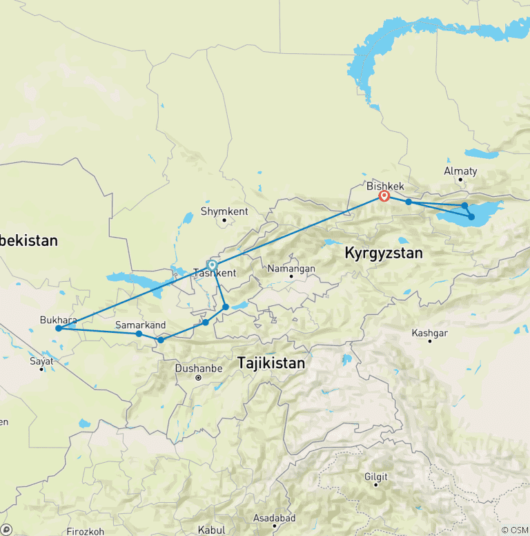 Map of Tour along 3-stans of Central Asia 12 Days: Uzbekistan, Tajikistan, and Kyrgyzstan