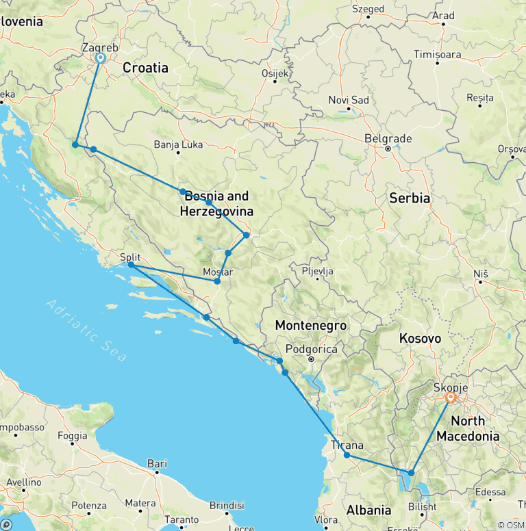 Map of 10 Days Western Balkans Discovery - Croatia - Bosnia and Herzegovina - Montenegro - Albania - N. Macedonia