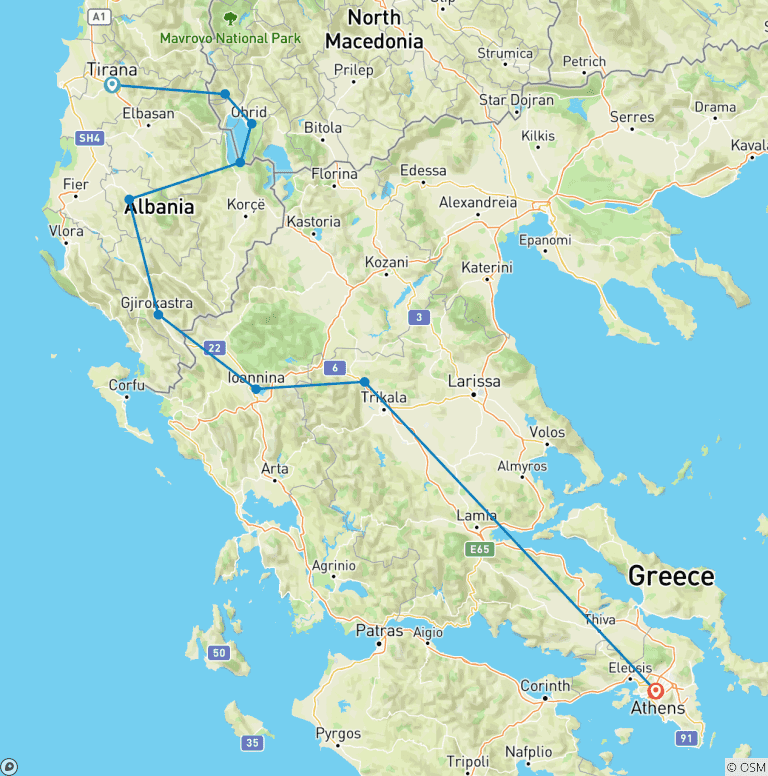 Map of Semi-Private Tour Albania, N. Macedonia & Greece from Tirana to Athens / Corfu